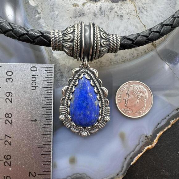 Carolyn Pollack Black Braided Leather Necklace with Teardrop Denim Lapis Pendant - Picture 10 of 10